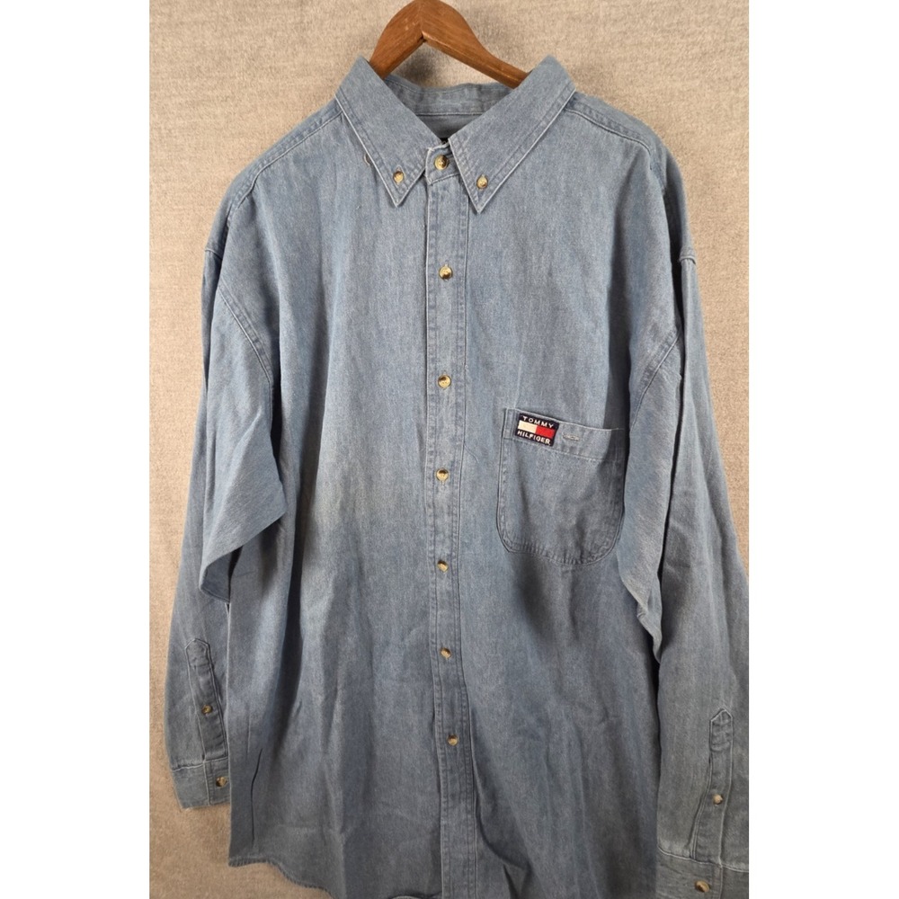 Tommy Hilfiger Vintage Denim Shirt L Big Embroidered Flag Logo Hip Hop Retro Y2K